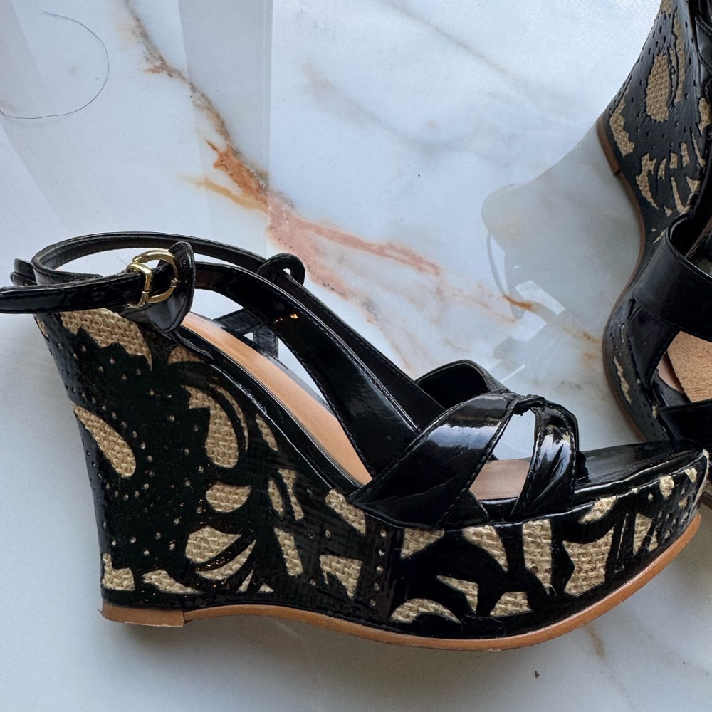 Elegant Black and Tan Wedges with Ankle Strap